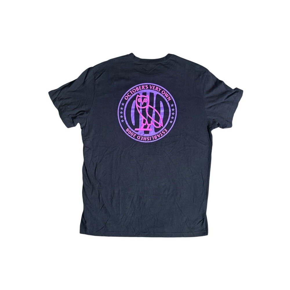 OVO Octobers Very Own Black Graphic T-Shirt Owl XL Neon Pink Purple Circle Stars